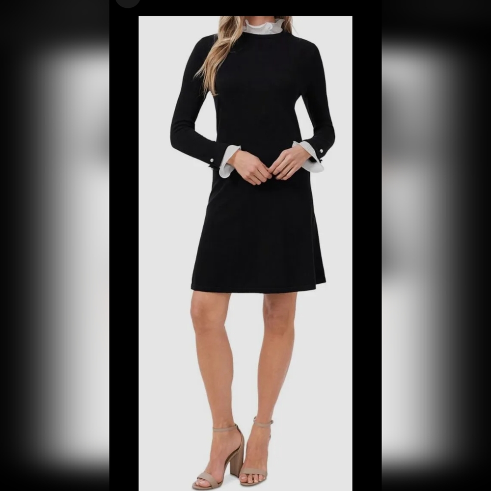 CeCe Women's Black Ruffle Mock Neck Long Sleeve  sweater dress xs